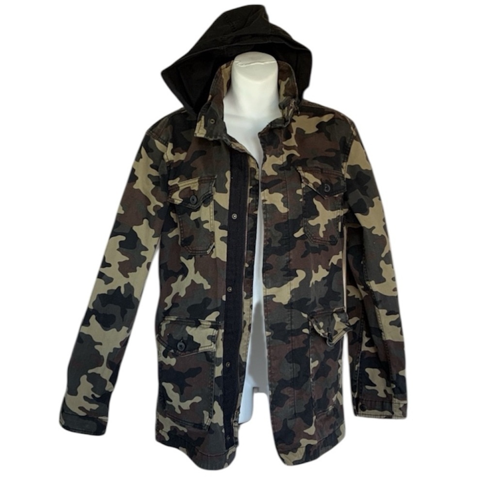 George Jacket Women's S, Camo denim, hidden hood, zip/snap front, pockets. EUC